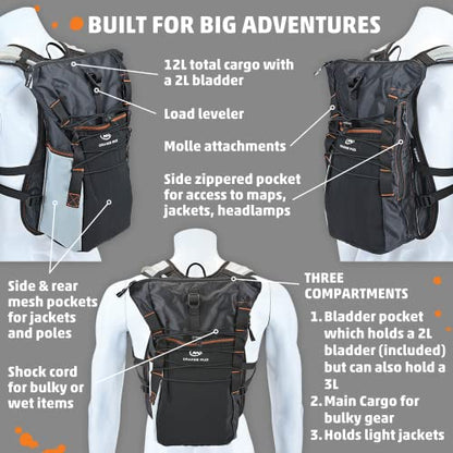 Orange Mud Adventure Pack 12L 3.0 – Black Hydration Backpack with 2 L Bladder Included – Trail Running, Adventure Racing, Hiking & MTB Gear Pack - color: Black, size: 12L, style: With Trekking Pole Hardware