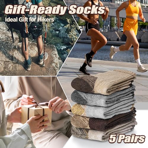 ANTSANG Merino Wool Hiking Socks, Enhanced Breathability, Targeted Cushion Thermal Socks for Men and Women, 5 Pairs - color: Gray/Brown, size: Medium