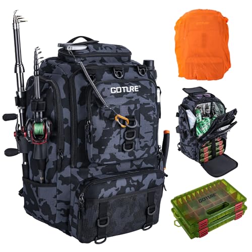 Goture 40L Large Camouflage Fishing Backpack, 900D Tear-Resistant Tackle Bag with Cooler & Rain Cover & 3600 Trays, Freshwater Saltwater - color: Camouflage, size: B - Includes 2 regular 3600 trays