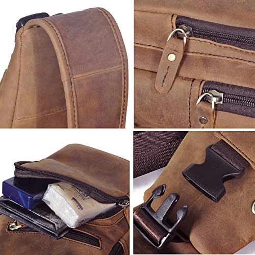 Le'aokuu Men Fashion Casual Tea Designer Travel Hiking Crossbody Chest Sling Bag Rig One Shoulder Strap Bag Men Leather 8015 | Fashion - color: C Brown