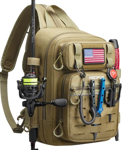 Piscifun Fishing Backpack Tackle Bag with 2 Rod Holders, Multi-Compartment Storage, MOLLE System, Water-Resistant Lightweight Outdoor Pack - color: Double Shoulder - Khaki, style: Standard