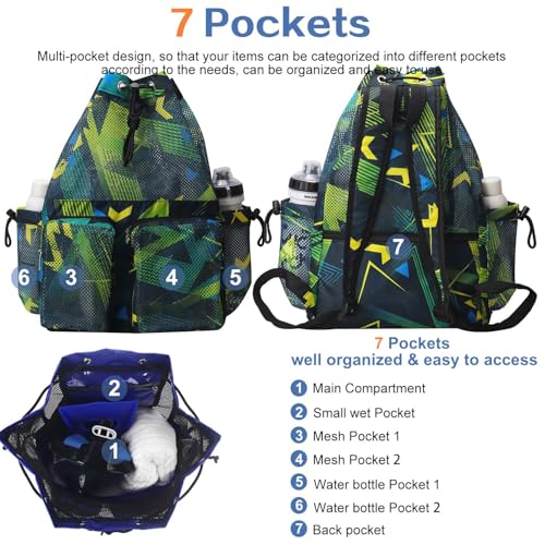 RHCPFOVR Mesh Swim Bags for Swimmers - Drawstring Backpack for Women Men Swim Team Gear Beach Gym Bag Sports - color: Green Geometric Patterns, style: Green Geometric Patterns