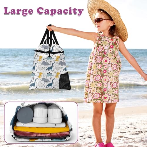 Cute Sketch Dinosaur Drawstring Backpack, 15” x 17” Waterproof Swim Bag for Beach Swimming Pool, Lightweight Foldable Gym Bag with Water Bottle Holder for Sports Travel - color: Cute Dinosaur
