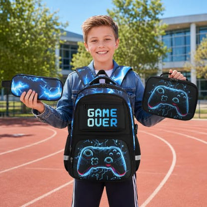 Scothen 3PCS Boys Backpack Set, Cool Backpack for Boys with Lunch Bag & Pencil Case, Kids School Bag Teen Boy Bookbag for Kindergarten Elementary Middle School with USB Charging Port - color: Futuristic Blue Lightning