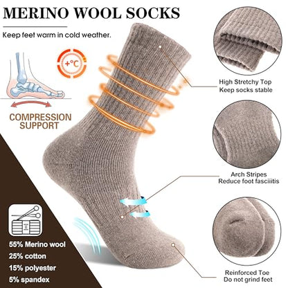 MOGGEI 5 Pairs Womens Merino Wool Socks Hiking Warm Winter Thick Thermal Crew Cozy Cabin Ladies Gift Comfy Boot Work Socks - color: Beige/Light Coffee/Grey/Dark Grey/Black