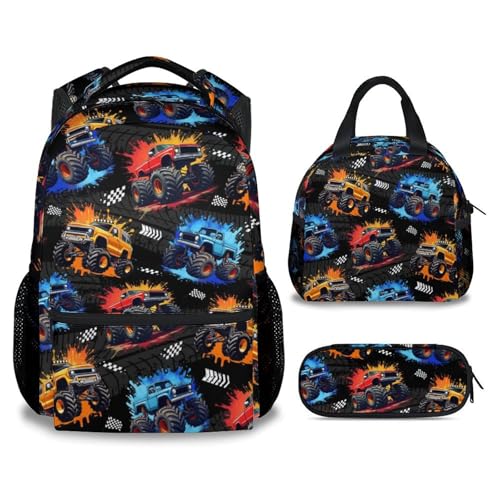 Toddler Backpack Set - 3Pcs Truck Backpacks for Boys - Kids Bookbag with Lunch Box & Pencil Case - Durable School Bag for Kindergarten/Preschool/Elementary (17 Inch) - color: Multicolor