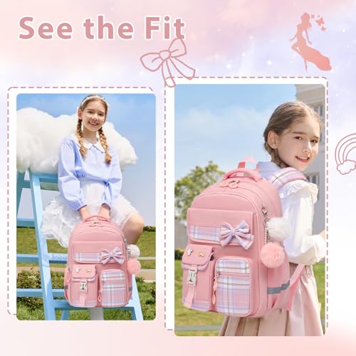 Alrisg Girls School Backpack Preppy Plaid Bookbag Lightweight Backpack for Girls Elementary Middle School Bow Pink - color: Pink, size: 17in