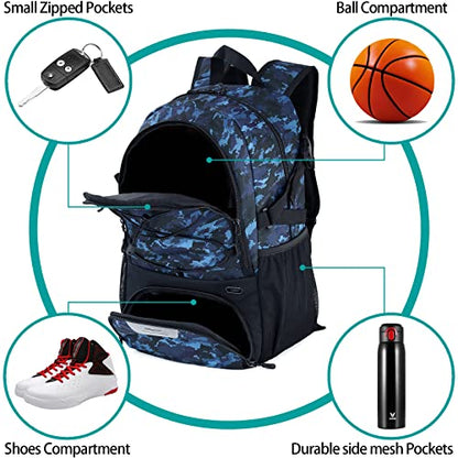 WOLT Basketball Backpack Large Sports Bag with Separate Ball Holder & Shoes Compartment, Best for Basketball, Soccer,Gym - color: Camouflage Blue