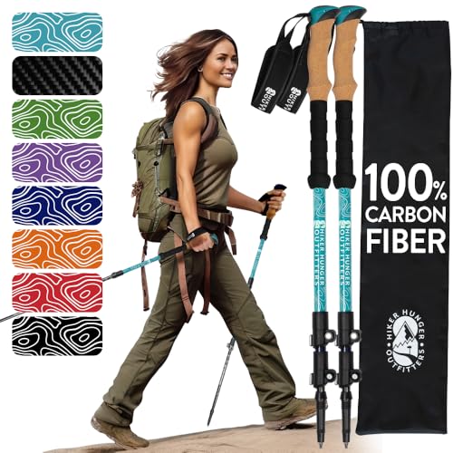 100% Carbon Fiber Trekking Poles by USA Brand - Ultra Strong Lightweight Collapsible Hiking Poles with Cork and EVA Foam Grips & Quick Adjustable Flip Locks - color: Cork - Teal