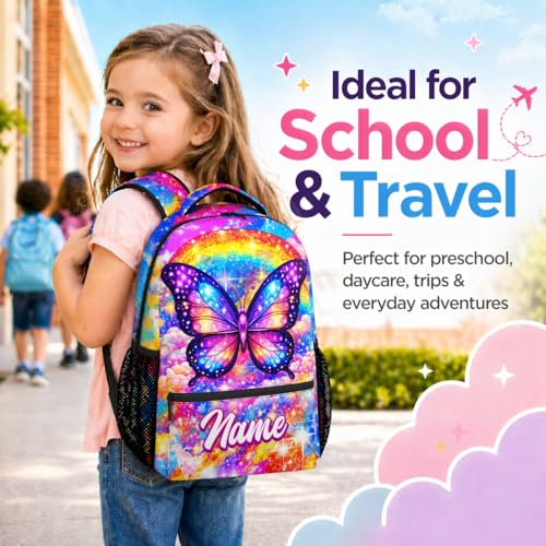 Girls Backapck Personalized Butterfly School Bag for Kids - Lightweight Toddler Bookbag with Side Pockets, Children Daypack for Preschool/Kindergarten (17 Inch) - color: Purple