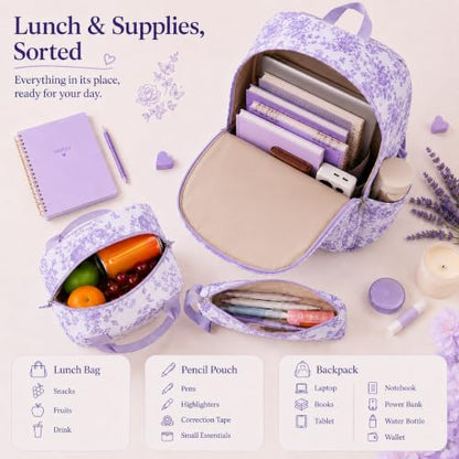 Bluboon Teens Backpack Set Girls School Backpack Lunch Box Pencil Bags Student Bookbags 3 in 1 (Purple Floral 277) - color: Purple Floral 277