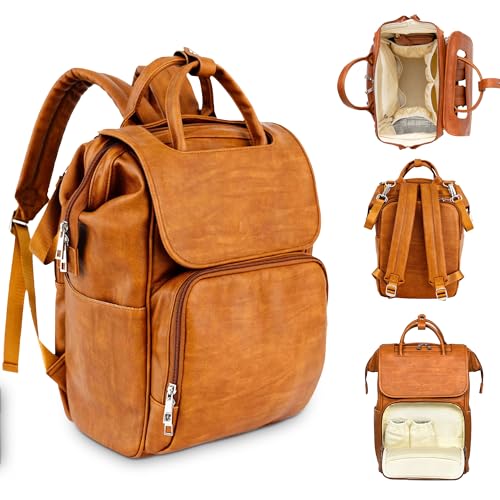 Citi Collective Explorer Brown Diaper Bag Backpack - Vegan Leather Diaper Bag with Shoulder Strap, Insulated Bottle Pockets, Changing Pad, Stroller Clip- Versatile Diaper Bag for Baby - color: Brown