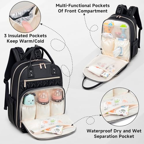 Tealari Diaper Bag Backpack,Stylish Baby Diaper Bag,Waterproof Travel Diaper Backpacks Baby Bags with Changing Pad,Stroller Straps,Insulated Pockets (Black) - color: Black