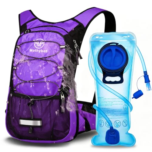 Mothybot Hydration Pack, Insulated Hydration Backpack with 2L BPA Free Water Bladder and Storage, Hiking Backpack for Men, Women, Kids for Running, Cycling, Camping - Keep Liquid Cool up to 5 Hours - color: Purple