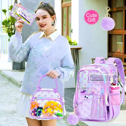 gxtvo 3PCS See Through Backpack Heavy-Duty Set for Women & Teen Girls, 17" Purple Transparent Bookbag with Rainbow Strap, Cute Chrysanthemum Clear School Bag - color: Purple Chrysanthemum Clear Backpack Set