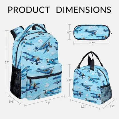 Kids Backpack with Lunch Bag and Pencil Case - 3Pcs Airplane Backpacks Set for Boys - Durable Toddler Bookbag for Kindergarten, Primary & Elementary (17 Inch) - color: Light Blue