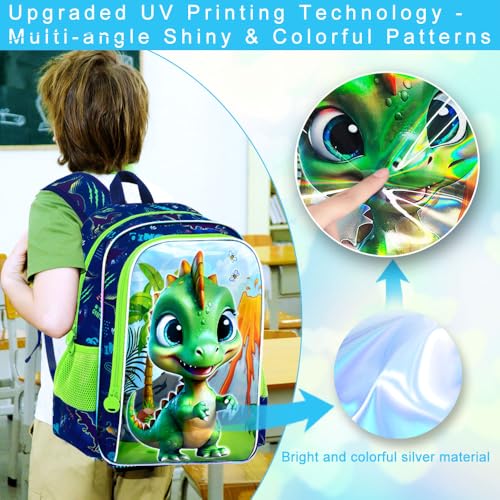 3Pcs Dinosaur Backpack for Boys, 16" Bookbag with Lunch Box, Kids School Backpacks Set for Elementary Preschool Kindergarten (Green) - color: Dinosaur Green