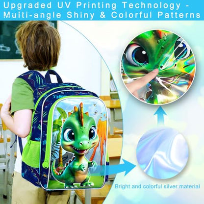 3Pcs Dinosaur Backpack for Boys, 16" Bookbag with Lunch Box, Kids School Backpacks Set for Elementary Preschool Kindergarten (Green) - color: Dinosaur Green