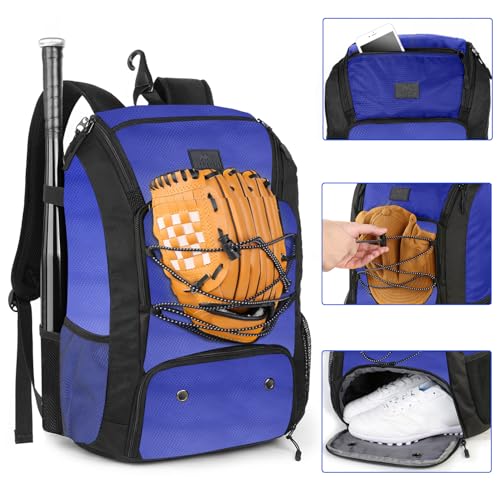 MATEIN Baseball Backpack, Softball Bat Bag with Shoes Compartment for Youth, Boys and Adult, Lightweight Baseball Bag with Fence Hook Hold TBall Bat, Batting Mitten, Helmet, Caps, Teeball Gear - color: Blue, size: 29L