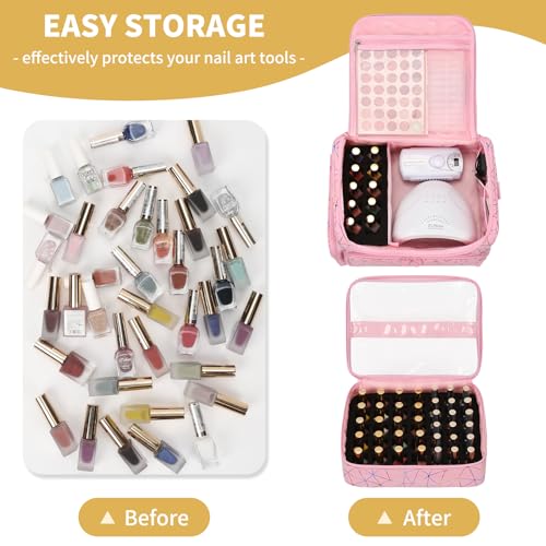 CUBETASTIC Extra Large Nail Polish Organizer Case Holds 86 to 100+ Bottles Nail Polish & Nail Lamp, Nail Supplies Storage Carrying Bag with 2 Removable Pouches (Triangle Pink, 86 Slots) - color: Triangle Pink