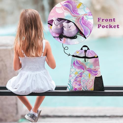 Pink Mermaid Drawstring Backpack, 15” x 17” Waterproof Swim Bag for Beach Swimming Pool, Lightweight Foldable Gym Bag with Water Bottle Holder for Sports Travel - color: Pink Mermaid