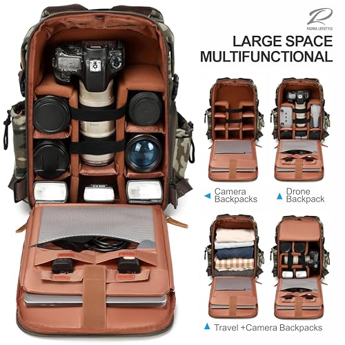 Padwa Lifestyle Camouflage Canvas Camera Backpack - Professional DSLR & UAV Camera Bag,Anti Theft Camera Backpack with Rain Cover,Large Capacity Photography Travel Camera Bag with Multi Compartments - color: Camouflage Canvas, style: Canvas Bag Flap