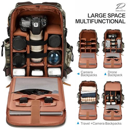 Padwa Lifestyle Camouflage Canvas Camera Backpack - Professional DSLR & UAV Camera Bag,Anti Theft Camera Backpack with Rain Cover,Large Capacity Photography Travel Camera Bag with Multi Compartments - color: Camouflage Canvas, style: Canvas Bag Flap