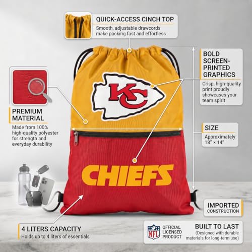 FOCO Kansas City Chiefs Big Logo Drawstring Backpack with Zippered Pocket – Limited Edition Chiefs Bag – NFL Gear for the AFC West – Show Your Team Spirit with Officially Licensed Chiefs Fan Gear - color: Kansas City Chiefs