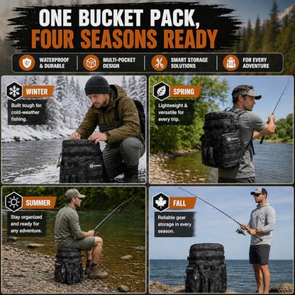 FUNHORUN Fishing Bucket Organizer with 5 Gallon Bucket & 360° Rotating Seat Lid, Fishing Tackle Bag with Backpack Straps, Full Water-Resistant Design & Multi-Pockets (Fishing Tools Not Included) - style: Complete Set (Including Bucket & 360° Rotating Seat