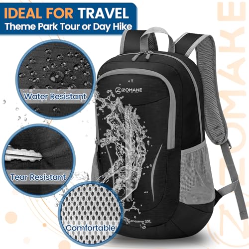 ZOMAKE Ultra Lightweight Packable Backpack 25L, Foldable Hiking Backpacks Water Resistant Small Folding Daypack for Travel(Black) - color: Black-c