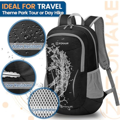 ZOMAKE Ultra Lightweight Packable Backpack 25L, Foldable Hiking Backpacks Water Resistant Small Folding Daypack for Travel(Black) - color: Black-c