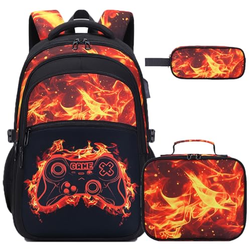 DIGOBAY Boys Backpack for School, 3PCS Cool Luminous Gamer Backpack for Boys with Lunch Box Pencil Case, Kids Backpacks Bookbag for Teen Boy Elementary Middle High School with USB Charging Port - color: Yellow-flame