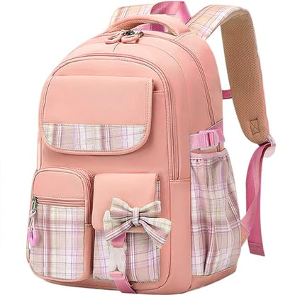MCWTH Checkered Backpack for Teen Girls, Kawaii Cute Kids Elementary Student School Backpacks (Bow Pink) - color: Checkered Pink