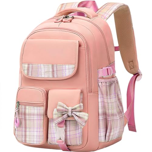 MCWTH Checkered Backpack for Teen Girls, Kawaii Cute Kids Elementary Student School Backpacks (Bow Pink) - color: Checkered Pink