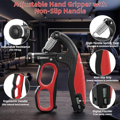 Grip Strength Trainer Adjustable 22-330 lbs with Electronic Counter, Hand Gripper Strengthener, Heavy Duty Forearm Strengthener, Wrist & Finger Exerciser for Grip Strength Training, Red