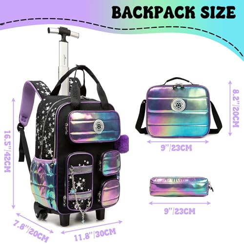 Rolling Backpack with Wheels for Girls Rolling Backpack with Lunch Bag and Pencil Case Set Kids Travel Luggage for Elementary School Girls Ages 5-12 - color: A Black