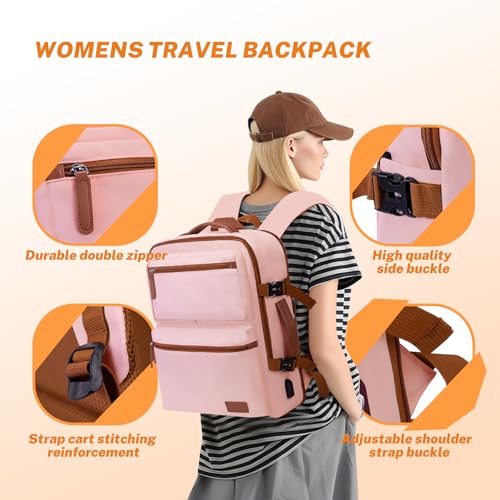 Expandable Travel Backpack Women Men with USB Charging Port, 15.6 Inch Laptop Backpack Waterproof Carry on Flight Approved for Travel Work Hiking College, Pink - color: Pink
