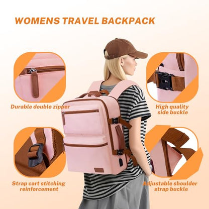 Expandable Travel Backpack Women Men with USB Charging Port, 15.6 Inch Laptop Backpack Waterproof Carry on Flight Approved for Travel Work Hiking College, Pink - color: Pink