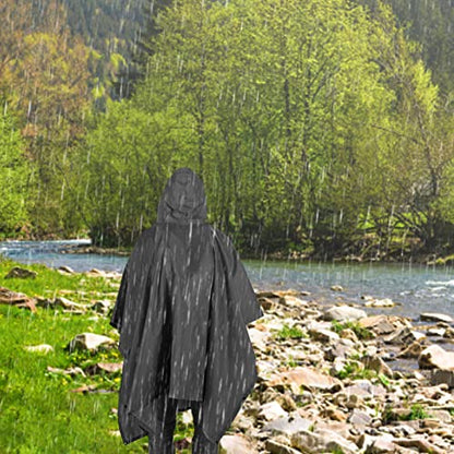 TOMSHOO Multifunctional Raincoat with Hood Hiking Cycling Rain Cover Lightweight Poncho Rain Coat Outdoor Camping Tent Mat - color: Black