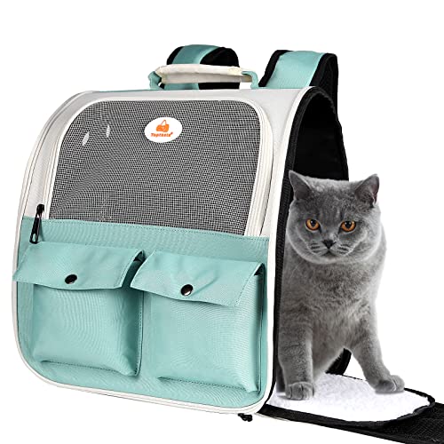 Top tasta Cat Backpack Carrier, Airline Approved, Ventilated Design, Breathable Mesh for Small Cats and Dogs for Hiking and Camping, Carry Up to 15 Pounds (Light Blue) - size: 15.0"L x 11.0"W x 15.0"H - Mesh Blue