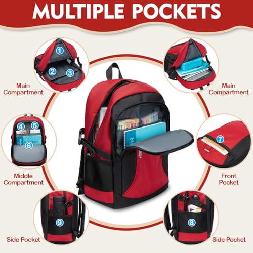Kids Backpack for Big Boys Bookbag Middle Junior High College Student Back to School Teen Teenage Youth Schoolbag Ages 8-12 10-12 12-14 Years Old Mochilas Escolares Para Adolescentes Large 18 Inch Red - color: Red