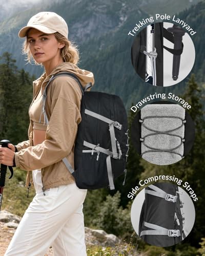 35L Foldable Hiking Backpack for Men Women, Large Packable Lightweight Outdoor Daypack with Chest Strap, Waterproof Rucksack Backpacks for Travel Hiking Camping Trekking Mountaineer, Black - color: Black