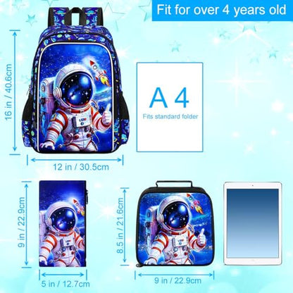 HPJGD 3PCS Astronaut Bookbag for Boys, Water Resistant Kids Backpack Set with Lunch Box, Cool School Bag for Elementary Preschool Toddler - Thumbs-Up Astronaut - color: Cool Uv Printed Thumbs-up Astronaut Blue
