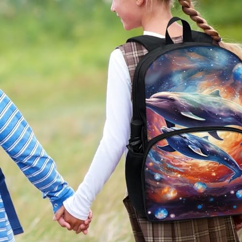 Talayituse Dolphin Galaxy Print School Bag Backpack for Kids Boys Travel Casual Daypack with Bottle Holder Pocket Large Capacity Bookbags Back to School Gifts Rucksack - color: Dolphin Galaxy