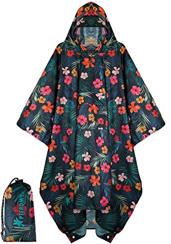 PTEROMY 3-in-1 Hooded Rain Poncho for Adult with Pocket, Waterproof Lightweight Unisex Raincoat for Hiking Camping Emergency - color: Blossom Season