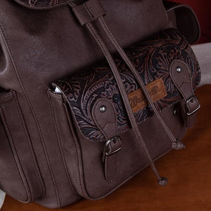 Montana West Wrangler Backpack Purse for Women Men Western Backpack Floral Tooled Travel Bags - color: Carve Coffee