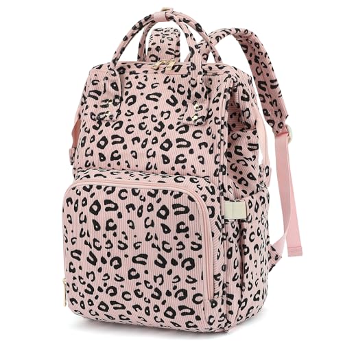 College Laptop Backpack, Travel Backpack for Women, Corduroy Casual Daypack, School Backpack Bookbag for Girls (Pink Corduroy Leopard) - color: Pink Corduroy Leopard