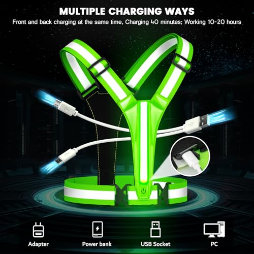 Fokia Kunbio LED Reflective Running Vest Gear,Light Up Vest Runners Night Walking USB Rechargeable,Up to 11hrs Light with Adjustable Waist/Shoulder for Women Men Kids - color: Green