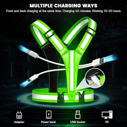Fokia Kunbio LED Reflective Running Vest Gear,Light Up Vest Runners Night Walking USB Rechargeable,Up to 11hrs Light with Adjustable Waist/Shoulder for Women Men Kids - color: Green