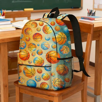 Kids Youth Basketball Backpack 16 Inch, School Bookbag for Boys Girls, Watercolor Orange Blue Print, Lightweight Polyester Daypack with Side Pocket, Front Zipper, Padded Straps, 15.4x11.8x4.7 in - color: Basketball